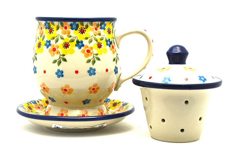 5 1/2"H x 4 1/2"W x 5 1/4"L
 Polish Pottery Mug - with Infuser - Buttercup 122-2225a (5 1/2"H x 4 1/2"W x 5 1/4"L
)
