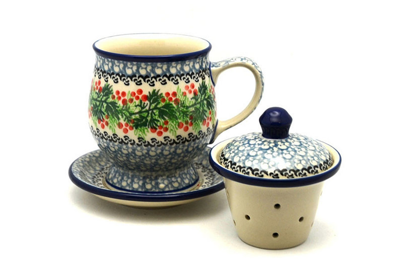 5 1/2"H x 4 1/2"W x 5 1/4"L
 Polish Pottery Mug - with Infuser - Holly Berry 122-1734a (5 1/2"H x 4 1/2"W x 5 1/4"L
)