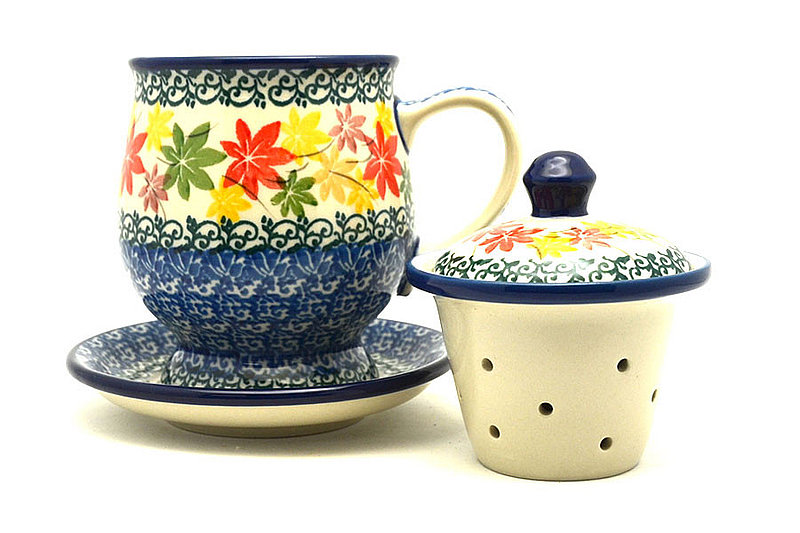 5 1/2"H x 4 1/2"W x 5 1/4"L
 Polish Pottery Mug - with Infuser - Maple Harvest 122-2533a (5 1/2"H x 4 1/2"W x 5 1/4"L
)