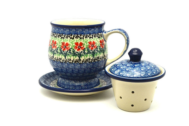 5 1/2"H x 4 1/2"W x 5 1/4"L
 Polish Pottery Mug - with Infuser - Maraschino 122-1916a (5 1/2"H x 4 1/2"W x 5 1/4"L
)