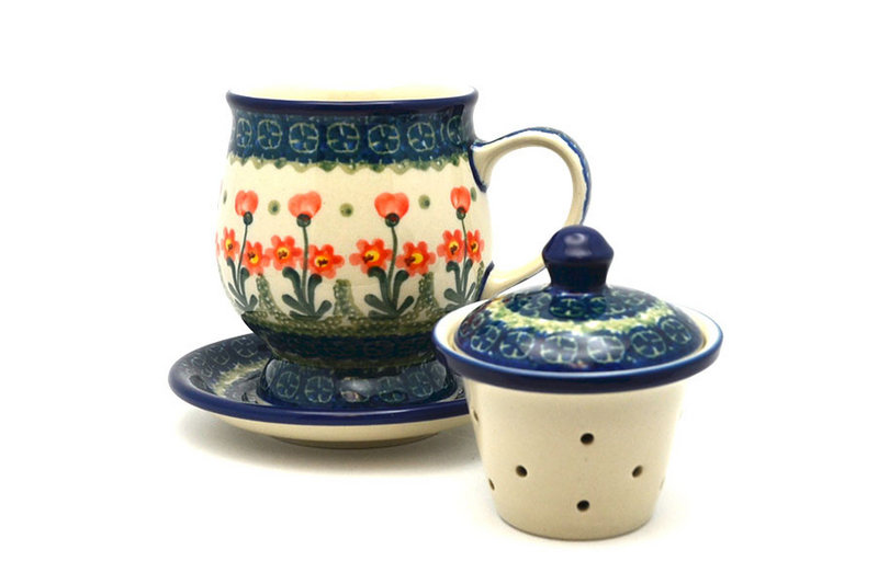 5 1/2"H x 4 1/2"W x 5 1/4"L
 Polish Pottery Mug - with Infuser - Peach Spring Daisy 122-560a (5 1/2"H x 4 1/2"W x 5 1/4"L
)