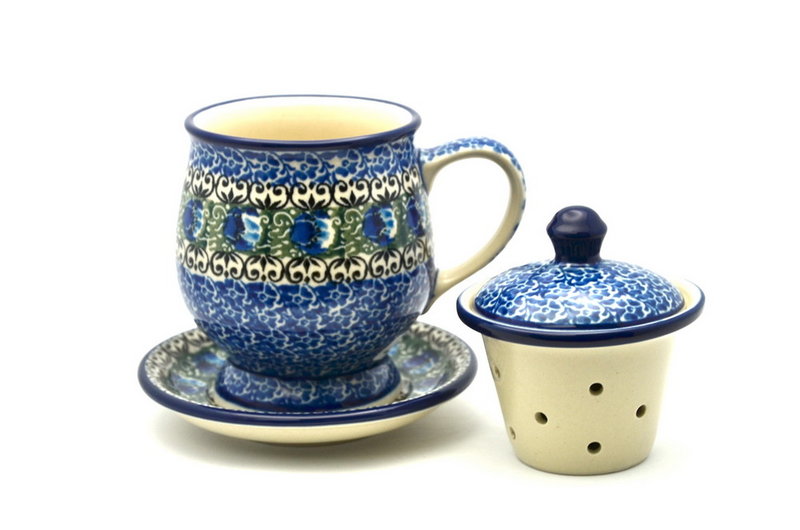5 1/2"H x 4 1/2"W x 5 1/4"L
 Polish Pottery Mug - with Infuser - Peacock Feather 122-1513a (5 1/2"H x 4 1/2"W x 5 1/4"L
)