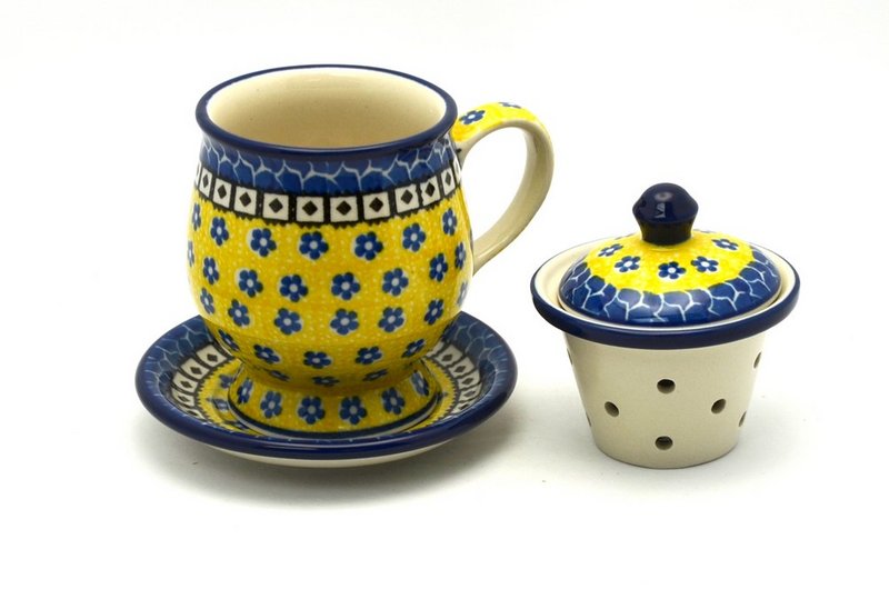 5 1/2"H x 4 1/2"W x 5 1/4"L
 Polish Pottery Mug - with Infuser - Sunburst 122-859a (5 1/2"H x 4 1/2"W x 5 1/4"L
)
