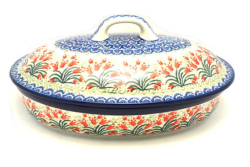5 1/4"H (baker is 2 1/4"H) x 8 1/2"W x 12"L
 Polish Pottery Baker - Oval Covered - Large - Crimson Bells A18-1437a (5 1/4"H (baker is 2 1/4"H) x 8 1/2"W x 12"L
)