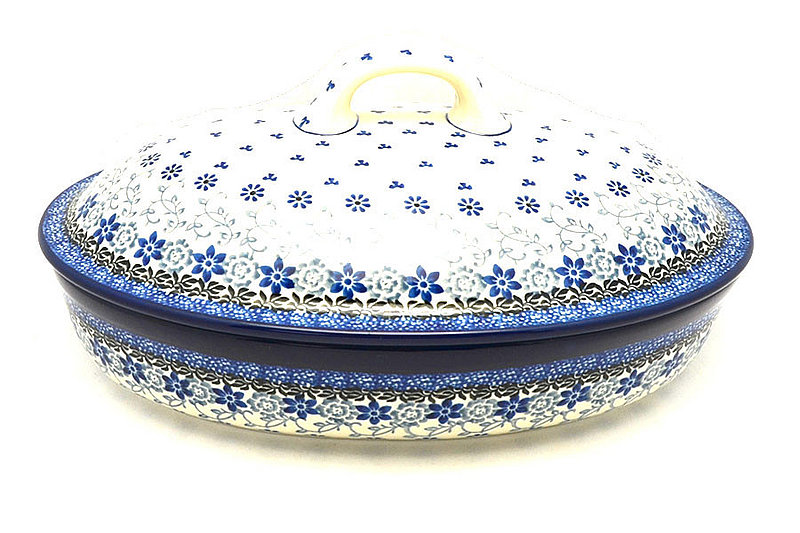 5 1/4"H (baker is 2 1/4"H) x 8 1/2"W x 12"L
 Polish Pottery Baker - Oval Covered - Large - Silver Lace A18-2158a (5 1/4"H (baker is 2 1/4"H) x 8 1/2"W x 12"L
)