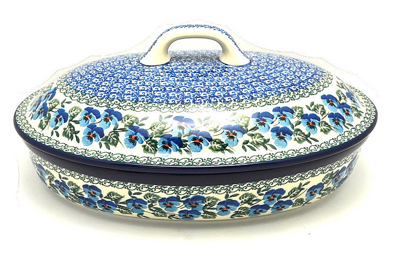 5 1/4"H (baker is 2 1/4"H) x 8 1/2"W x 12"L
 Polish Pottery Baker - Oval Covered - Large - Winter Viola A18-2273a (5 1/4"H (baker is 2 1/4"H) x 8 1/2"W x 12"L
)