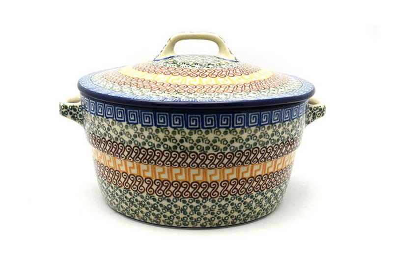 5 3/4"H x 8"W (9 3/4"W at the handles)
 Polish Pottery Baker - Round Covered Casserole - Autumn 278-050a (5 3/4"H x 8"W (9 3/4"W at the handles)
)