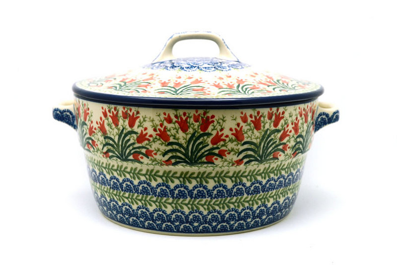 5 3/4"H x 8"W (9 3/4"W at the handles)
 Polish Pottery Baker - Round Covered Casserole - Crimson Bells 278-1437a (5 3/4"H x 8"W (9 3/4"W at the handles)
)