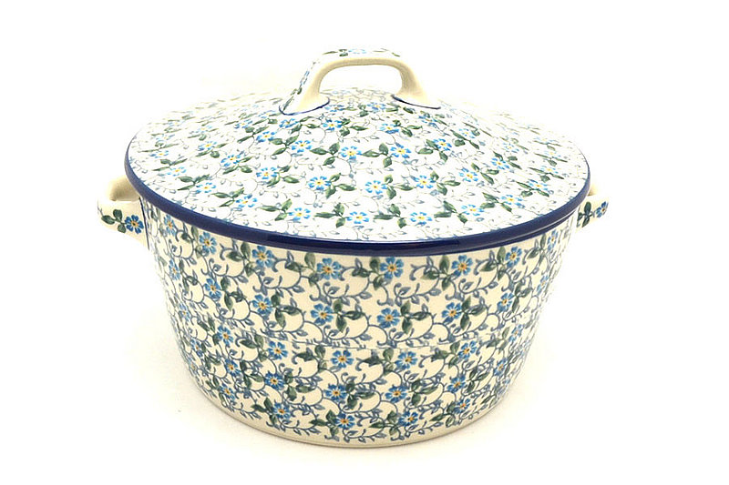 5 3/4"H x 8"W (9 3/4"W at the handles)
 Polish Pottery Baker - Round Covered Casserole - Forget-Me-Knot 278-2089a (5 3/4"H x 8"W (9 3/4"W at the handles)
)