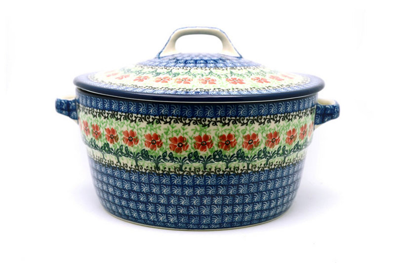 5 3/4"H x 8"W (9 3/4"W at the handles)
 Polish Pottery Baker - Round Covered Casserole - Maraschino 278-1916a (5 3/4"H x 8"W (9 3/4"W at the handles)
)