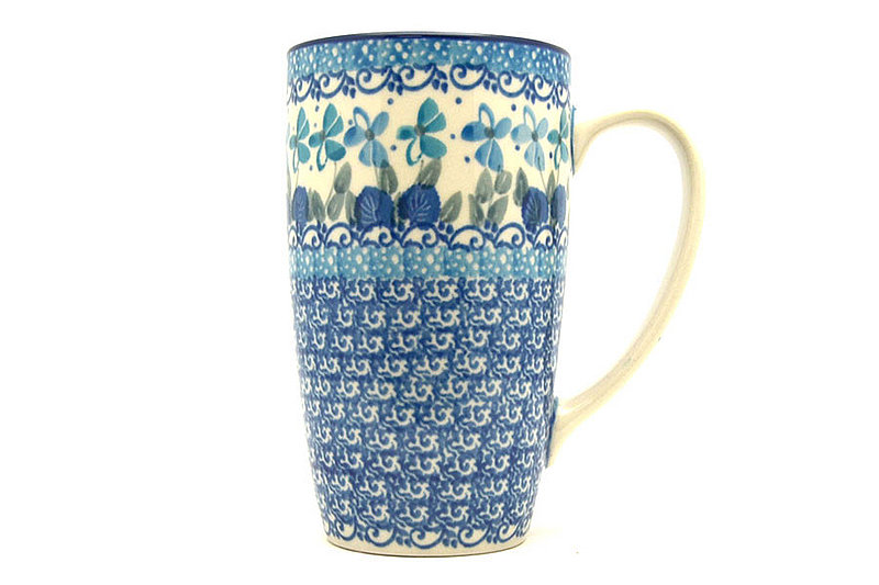 5 3/8"H x 3 1/8"W (12 oz. measured to the rim).
 Polish Pottery Mug - 12 oz. Cafe - Blue Orchids C52-2751a (5 3/8"H x 3 1/8"W (12 oz. measured to the rim).
)
