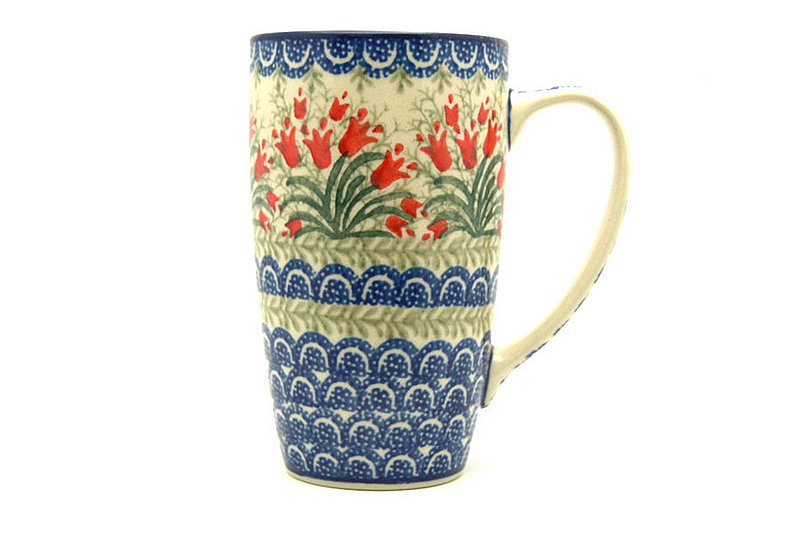5 3/8"H x 3 1/8"W (12 oz. measured to the rim).
 Polish Pottery Mug - 12 oz. Cafe - Crimson Bells C52-1437a (5 3/8"H x 3 1/8"W (12 oz. measured to the rim).
)