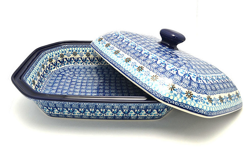 5"H (baker is 2 3/8"H) x 9 1/2"W x 12 1/4"L
 Polish Pottery Baker - Rectangular Covered - Blue Yonder 665-2187a (5"H (baker is 2 3/8"H) x 9 1/2"W x 12 1/4"L
)