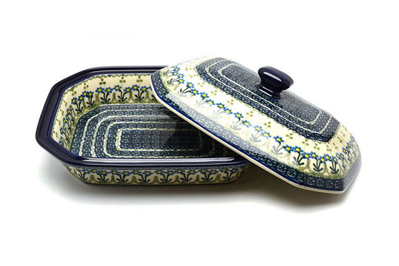 5"H (baker is 2 3/8"H) x 9 1/2"W x 12 1/4"L
 Polish Pottery Baker - Rectangular Covered - Large - Blue Spring Daisy 665-614a (5"H (baker is 2 3/8"H) x 9 1/2"W x 12 1/4"L
)