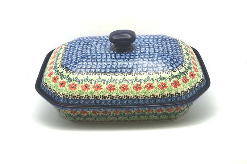 5"H (baker is 2 3/8"H) x 9 1/2"W x 12 1/4"L
 Polish Pottery Baker - Rectangular Covered - Large - Maraschino 665-1916a (5"H (baker is 2 3/8"H) x 9 1/2"W x 12 1/4"L
)