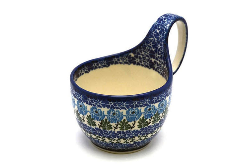 5" H. (bowl portion is 3 1/4"H x 4 3/8"W)
 Polish Pottery Loop Handle Bowl - Antique Rose 845-1390a (5" H. (bowl portion is 3 1/4"H x 4 3/8"W)
)
