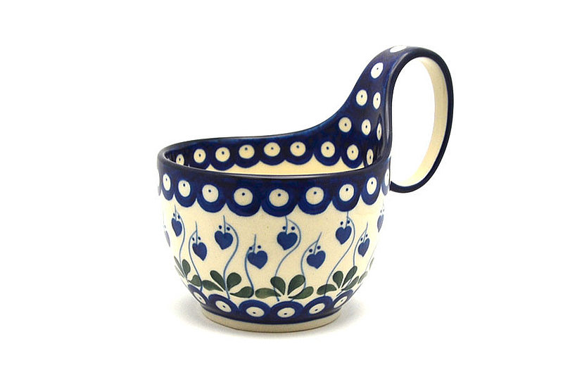 5" H. (bowl portion is 3 1/4"H x 4 3/8"W)
 Polish Pottery Loop Handle Bowl - Bleeding Heart 845-377o (5" H. (bowl portion is 3 1/4"H x 4 3/8"W)
)