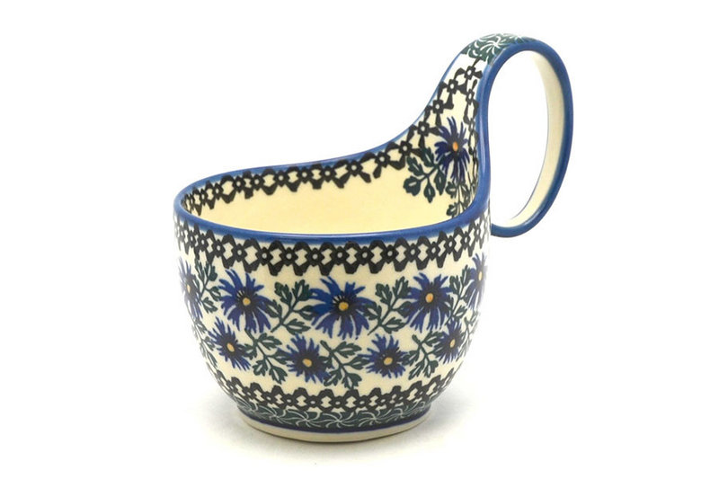 5"H (bowl portion is 3 1/4"H x 4 3/8"W).
 Polish Pottery Loop Handle Bowl - Blue Chicory 845-976a (5"H (bowl portion is 3 1/4"H x 4 3/8"W).
)