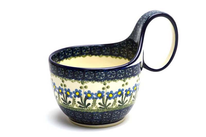 5"H (bowl portion is 3 1/4"H x 4 3/8"W).
 Polish Pottery Loop Handle Bowl - Blue Spring Daisy 845-614a (5"H (bowl portion is 3 1/4"H x 4 3/8"W).
)