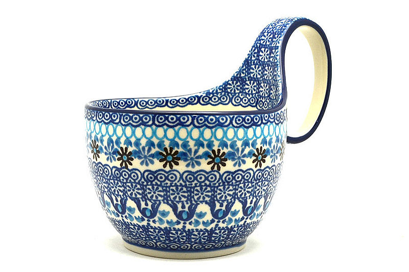 5"H (bowl portion is 3 1/4"H x 4 3/8"W).
 Polish Pottery Loop Handle Bowl - Blue Yonder 845-2187a (5"H (bowl portion is 3 1/4"H x 4 3/8"W).
)