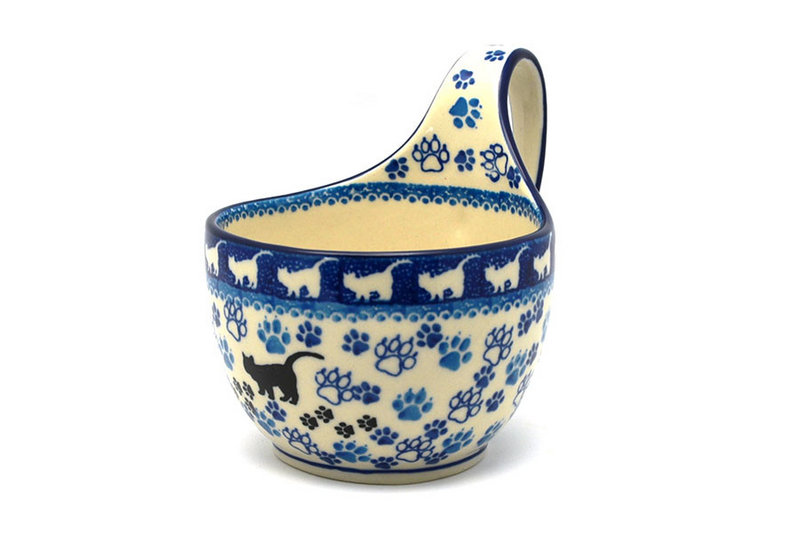 5" H. (bowl portion is 3 1/4"H x 4 3/8"W)
 Polish Pottery Loop Handle Bowl - Boo Boo Kitty 845-1771a (5" H. (bowl portion is 3 1/4"H x 4 3/8"W)
)