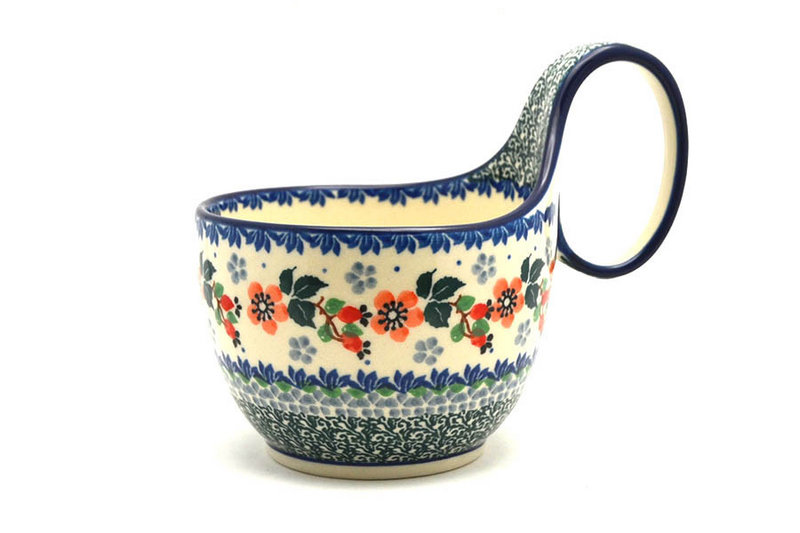 5" H. (bowl portion is 3 1/4"H x 4 3/8"W)
 Polish Pottery Loop Handle Bowl - Cherry Blossom 845-2103a (5" H. (bowl portion is 3 1/4"H x 4 3/8"W)
)
