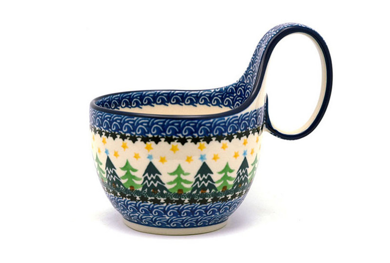 5" H. (bowl portion is 3 1/4"H x 4 3/8"W)
 Polish Pottery Loop Handle Bowl - Christmas Trees 845-1284a (5" H. (bowl portion is 3 1/4"H x 4 3/8"W)
)