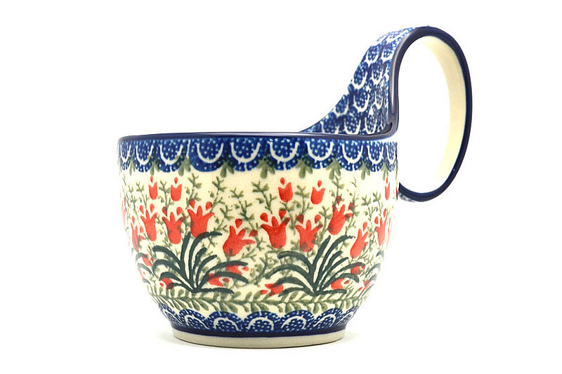 5"H (bowl portion is 3 1/4"H x 4 3/8"W).
 Polish Pottery Loop Handle Bowl - Crimson Bells 845-1437a (5"H (bowl portion is 3 1/4"H x 4 3/8"W).
)