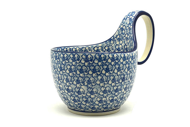 5"H (bowl portion is 3 1/4"H x 4 3/8"W).
 Polish Pottery Loop Handle Bowl - Daisy Flurry 845-2176a (5"H (bowl portion is 3 1/4"H x 4 3/8"W).
)