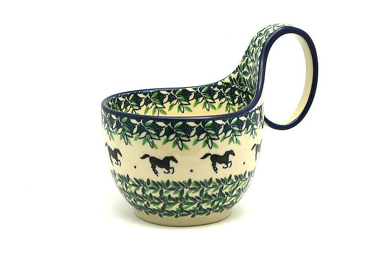 5"H (bowl portion is 3 1/4"H x 4 3/8"W).
 Polish Pottery Loop Handle Bowl - Dark Horse 845-2241a (5"H (bowl portion is 3 1/4"H x 4 3/8"W).
)