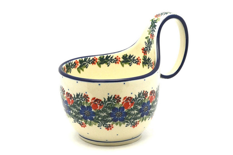 5"H (bowl portion is 3 1/4"H x 4 3/8"W).
 Polish Pottery Loop Handle Bowl - Garden Party 845-1535a (5"H (bowl portion is 3 1/4"H x 4 3/8"W).
)