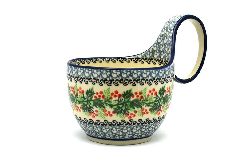 5" H. (bowl portion is 3 1/4"H x 4 3/8"W)
 Polish Pottery Loop Handle Bowl - Holly Berry 845-1734a (5" H. (bowl portion is 3 1/4"H x 4 3/8"W)
)