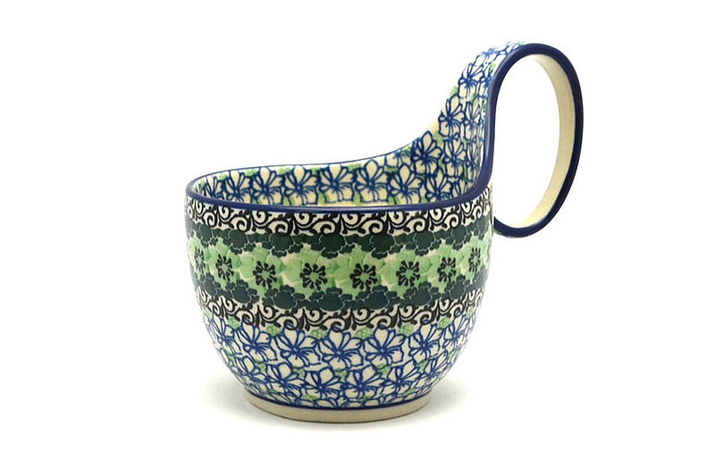5"H (bowl portion is 3 1/4"H x 4 3/8"W).
 Polish Pottery Loop Handle Bowl - Kiwi 845-1479a (5"H (bowl portion is 3 1/4"H x 4 3/8"W).
)