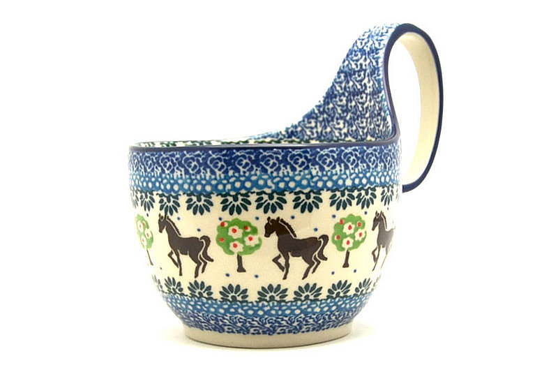 5" H. (bowl portion is 3 1/4"H x 4 3/8"W)
 Polish Pottery Loop Handle Bowl - Mackintosh 845-2256a (5" H. (bowl portion is 3 1/4"H x 4 3/8"W)
)