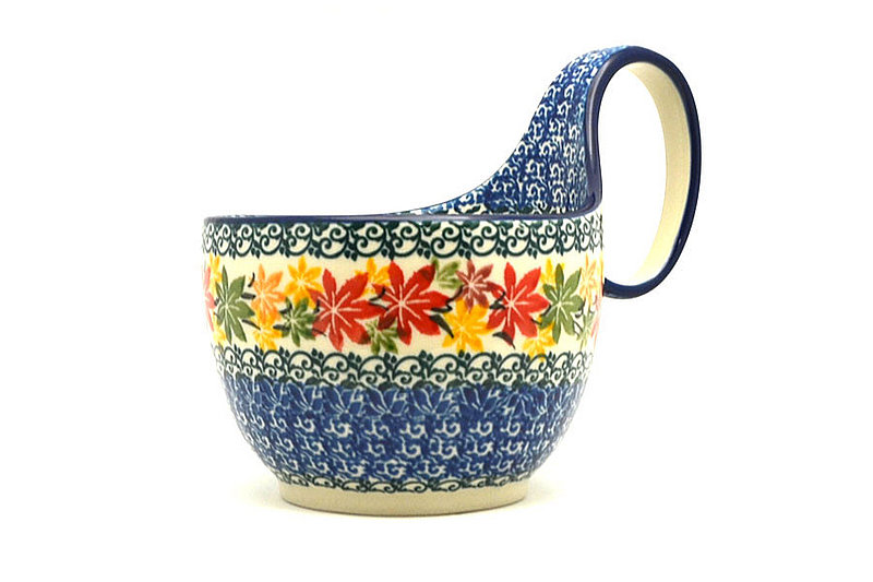 5"H (bowl portion is 3 1/4"H x 4 3/8"W).
 Polish Pottery Loop Handle Bowl - Maple Harvest 845-2533a (5"H (bowl portion is 3 1/4"H x 4 3/8"W).
)