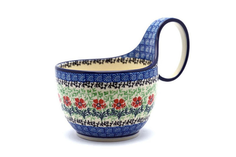 5"H (bowl portion is 3 1/4"H x 4 3/8"W).
 Polish Pottery Loop Handle Bowl - Maraschino 845-1916a (5"H (bowl portion is 3 1/4"H x 4 3/8"W).
)