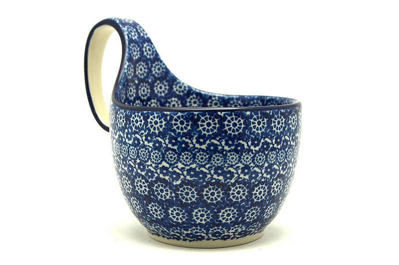 5" H. (bowl portion is 3 1/4"H x 4 3/8"W)
 Polish Pottery Loop Handle Bowl - Midnight 845-2615a (5" H. (bowl portion is 3 1/4"H x 4 3/8"W)
)