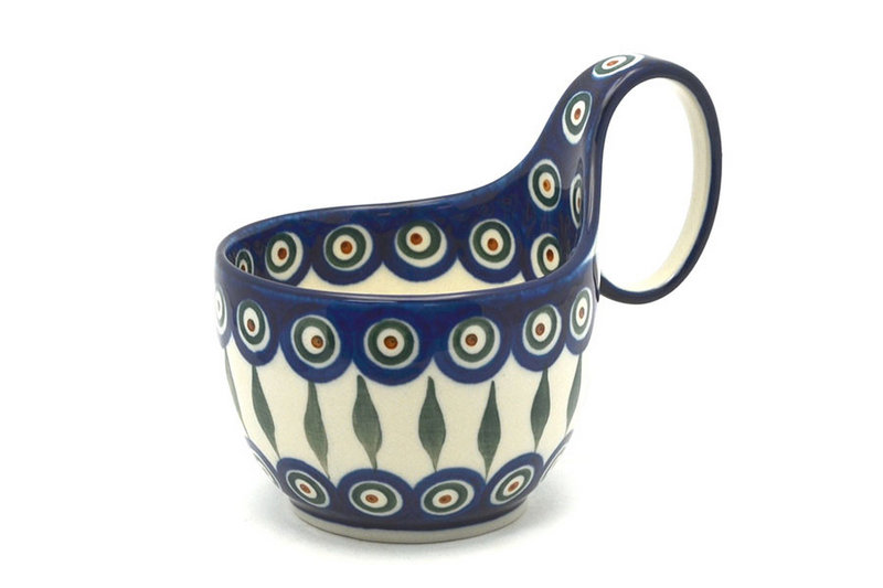 5"H (bowl portion is 3 1/4"H x 4 3/8"W).
 Polish Pottery Loop Handle Bowl - Peacock 845-054a (5"H (bowl portion is 3 1/4"H x 4 3/8"W).
)