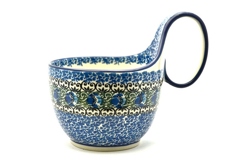 5"H (bowl portion is 3 1/4"H x 4 3/8"W).
 Polish Pottery Loop Handle Bowl - Peacock Feather 845-1513a (5"H (bowl portion is 3 1/4"H x 4 3/8"W).
)