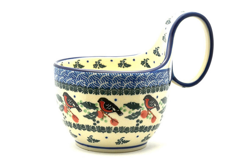 5" H. (bowl portion is 3 1/4"H x 4 3/8"W)
 Polish Pottery Loop Handle Bowl - Red Robin 845-1257a (5" H. (bowl portion is 3 1/4"H x 4 3/8"W)
)