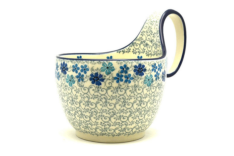 5"H (bowl portion is 3 1/4"H x 4 3/8"W).
 Polish Pottery Loop Handle Bowl - Sea Blossom 845-2612a (5"H (bowl portion is 3 1/4"H x 4 3/8"W).
)