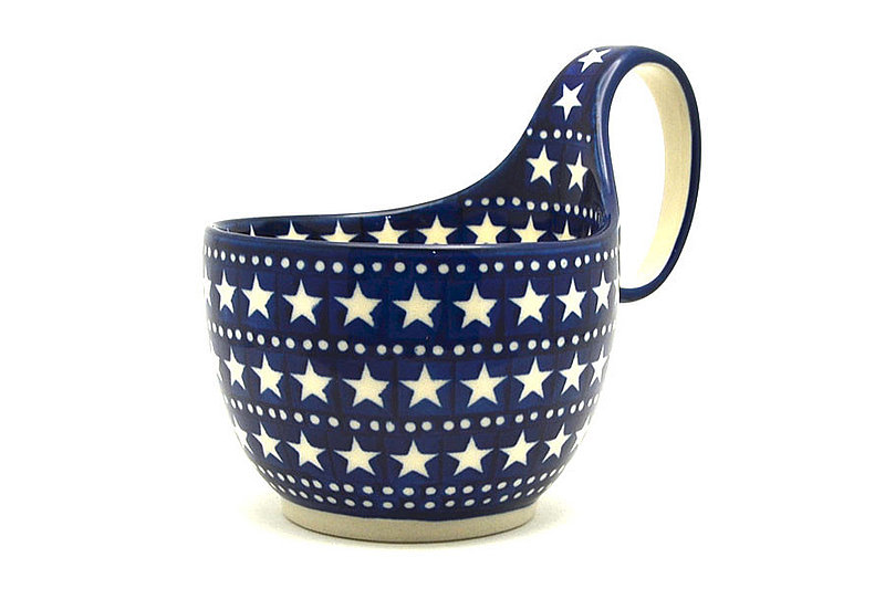 5" H. (bowl portion is 3 1/4"H x 4 3/8"W)
 Polish Pottery Loop Handle Bowl - Starlight 845-119a (5" H. (bowl portion is 3 1/4"H x 4 3/8"W)
)