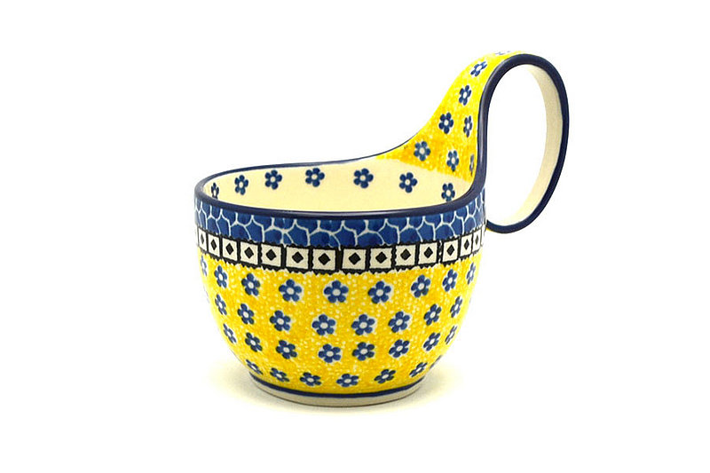 5"H (bowl portion is 3 1/4"H x 4 3/8"W).
 Polish Pottery Loop Handle Bowl - Sunburst 845-859a (5"H (bowl portion is 3 1/4"H x 4 3/8"W).
)