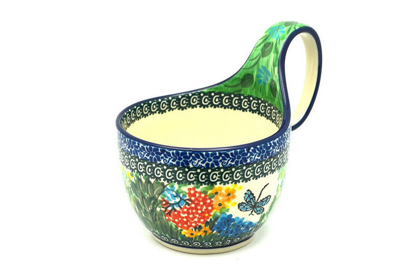 5" H. (bowl portion is 3 1/4"H x 4 3/8"W)
 Polish Pottery Loop Handle Bowl - Unikat Signature U4612 845-U4612 (5" H. (bowl portion is 3 1/4"H x 4 3/8"W)
)