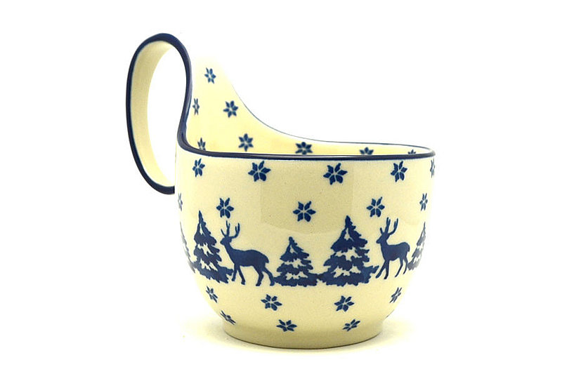 5"H (bowl portion is 3 1/4"H x 4 3/8"W).
 Polish Pottery Loop Handle Bowl - Winter Forest 845-1931a (5"H (bowl portion is 3 1/4"H x 4 3/8"W).
)