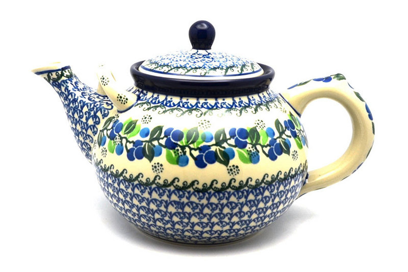 6 3/4"H x 7"W x 11"L
 Polish Pottery Teapot - 1 3/4 qt. - Blue Berries 444-1416a (6 3/4"H x 7"W x 11"L
)