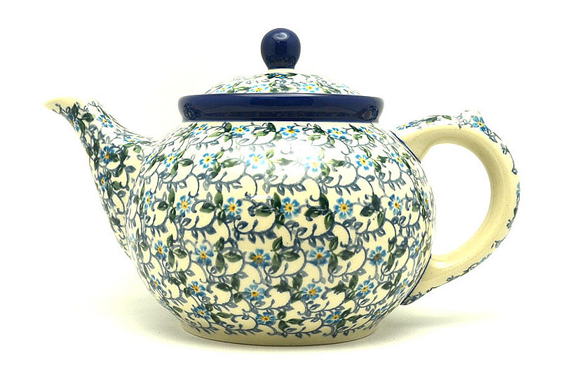6"H x 5 3/4"W x 9"L
 Polish Pottery Teapot - 1 1/4 qt. - Forget-Me-Knot 060-2089a (6"H x 5 3/4"W x 9"L
)