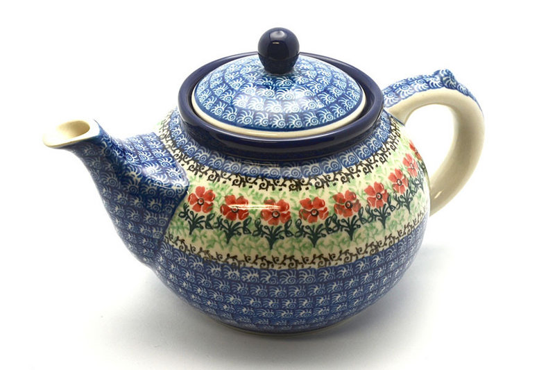 6"H x 5 3/4"W x 9"L
 Polish Pottery Teapot - 1 1/4 qt. - Maraschino 060-1916a (6"H x 5 3/4"W x 9"L
)