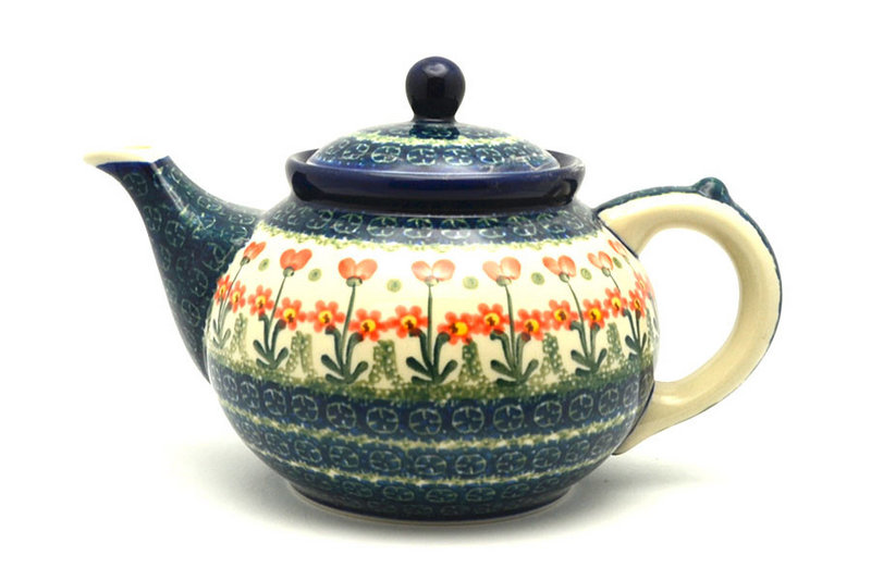 6"H x 5 3/4"W x 9"L
 Polish Pottery Teapot - 1 1/4 qt. - Peach Spring Daisy 060-560a (6"H x 5 3/4"W x 9"L
)