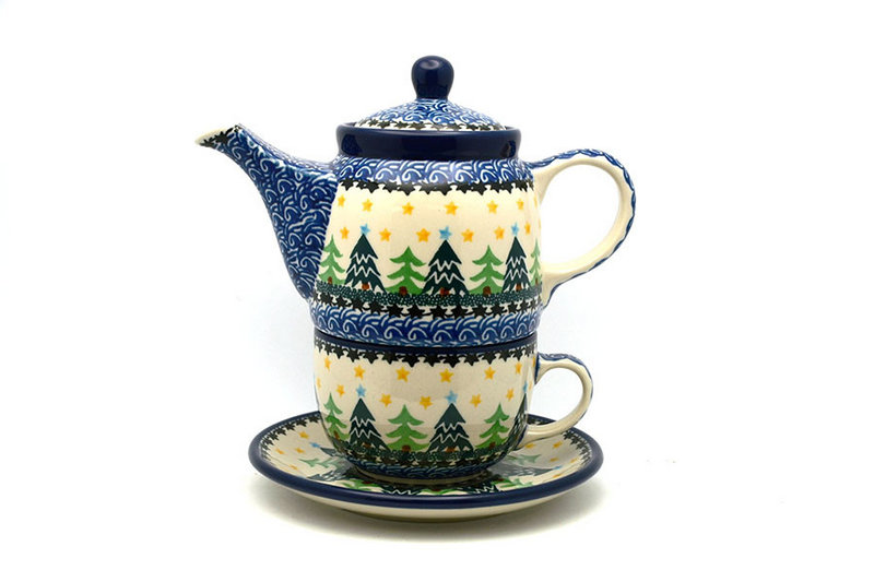 7 1/4"H x 3 1/2"W
 Polish Pottery Tea Time for One - Christmas Trees 423-1284a (7 1/4"H x 3 1/2"W
)